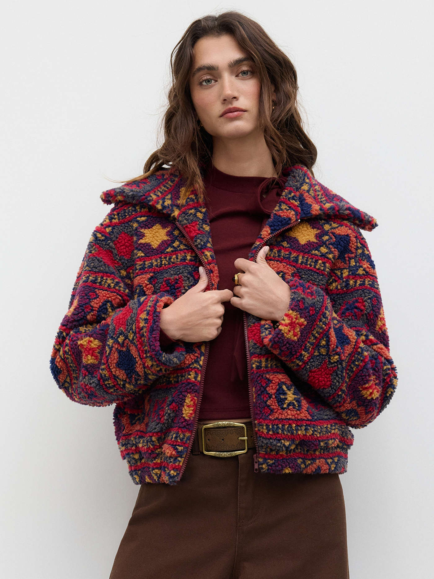 Fleece Collar Graphic Oversized Jacket