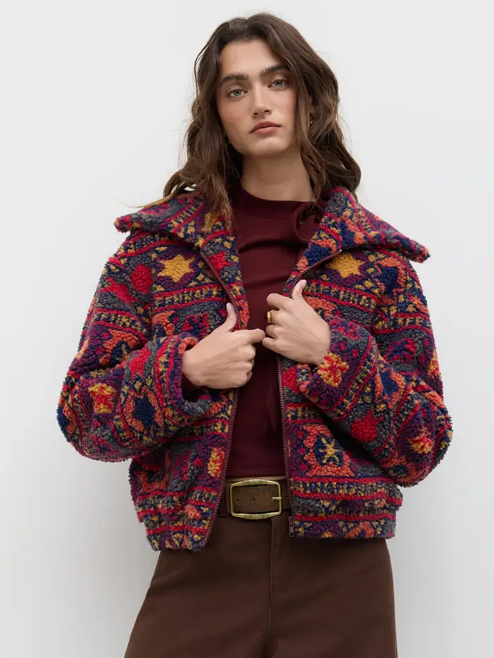 Fleece Stand Collar Floral Colorblock Drawstring Jacket