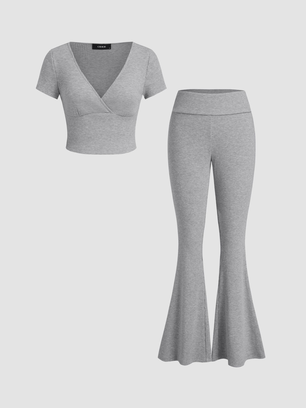 V-neck Short Sleeve Top & Mid Rise Flared Trousers
