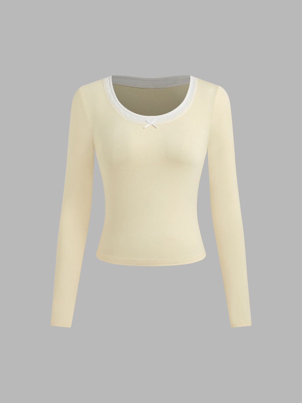 Round Neckline Contrasting Binding Lace Trim Long Sleeve Top