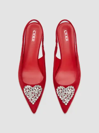 RHINESTONE & HEART POINT TOE SLINGBACK VELVET HEELS