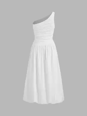 Asymmetrical Neck Ruched Bubble Hem Maxi Dress