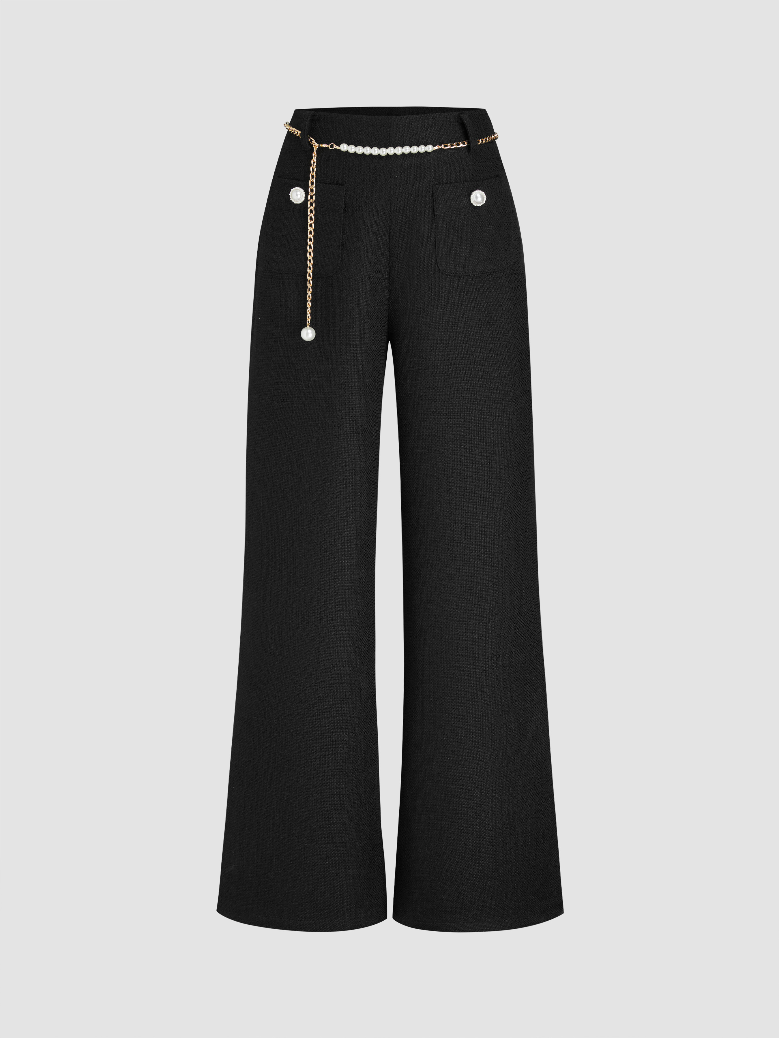 Tweed Tweed Mid Rise Solid Pearl Button Wide Leg Trousers With Waist Chain For Travail
