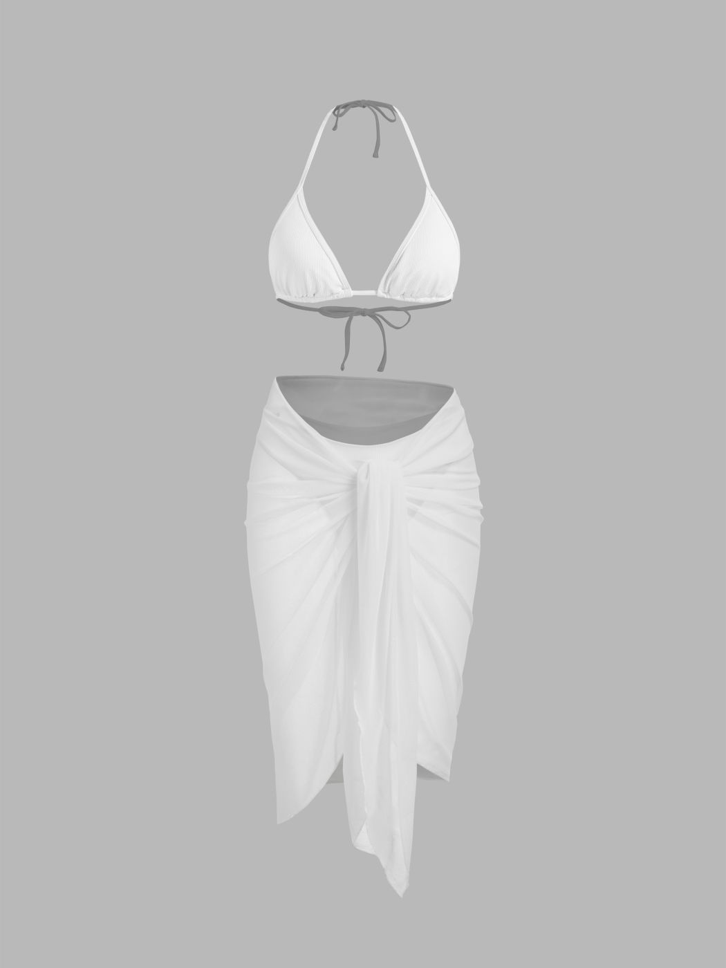 Ribbing Halter Neckline Drawstring Bikini Set With Sarong