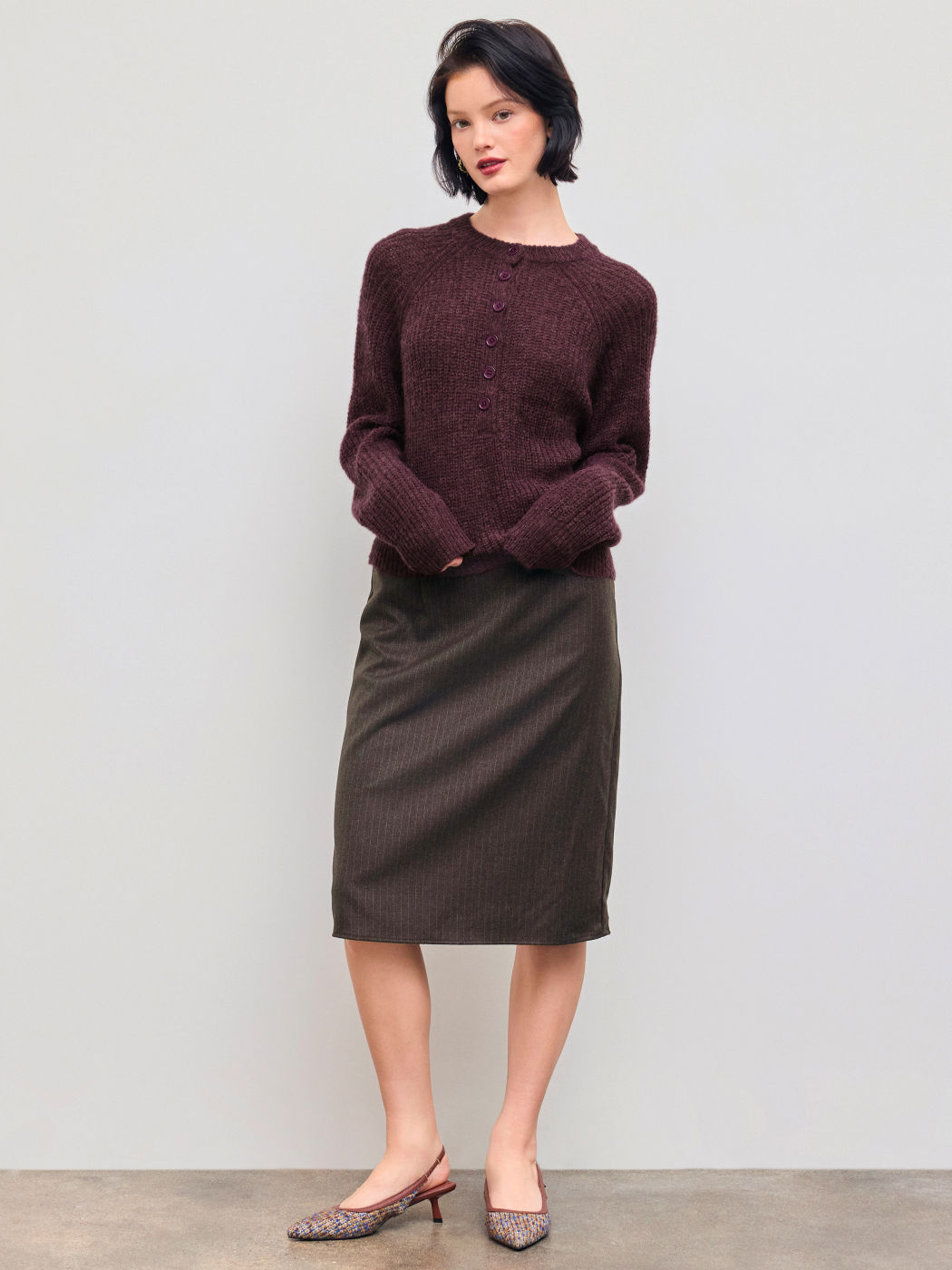 Wool-blend Round Neckline Button Long Sleeve Top