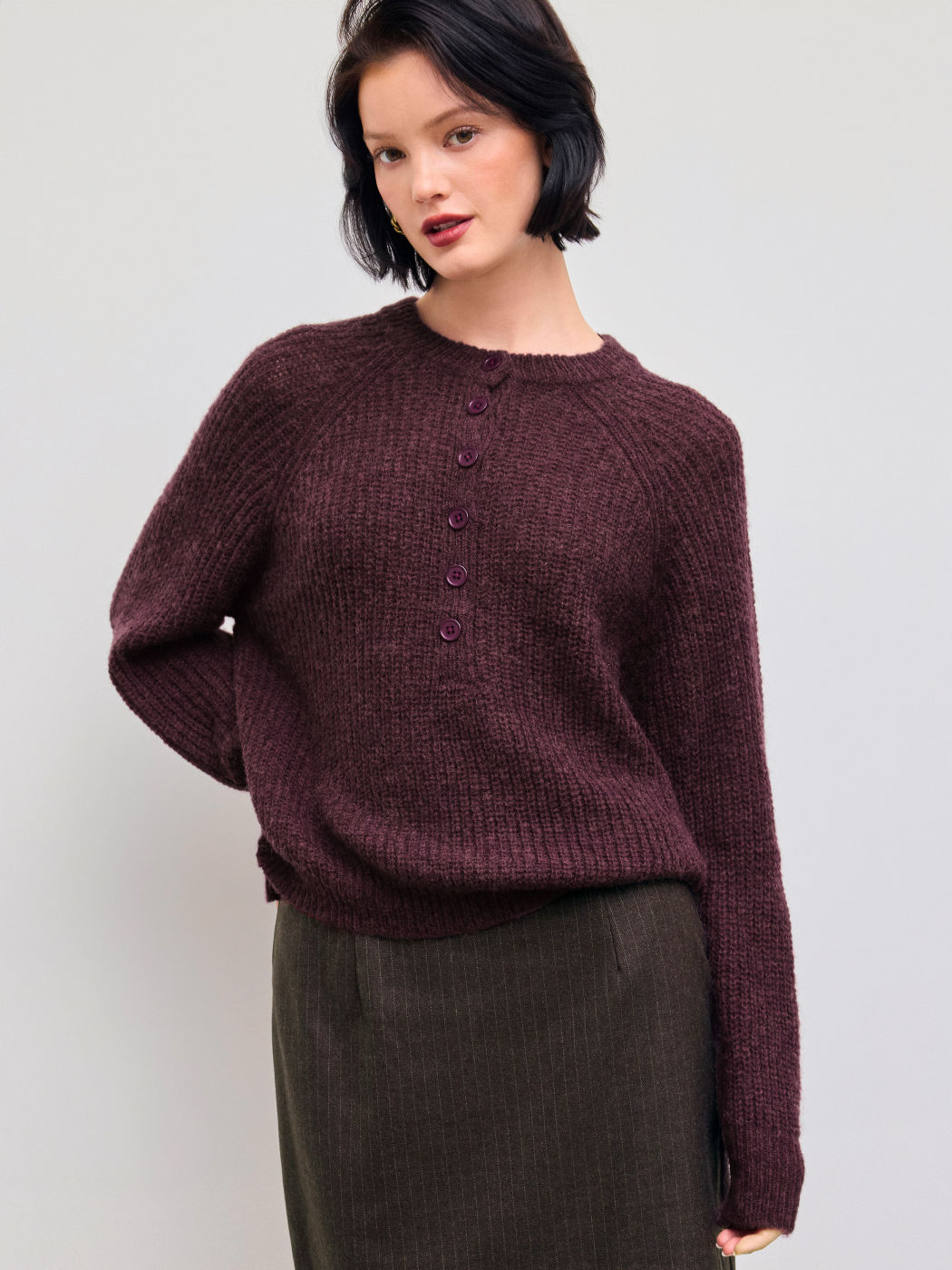Wool-blend Round Neckline Button Long Sleeve Top