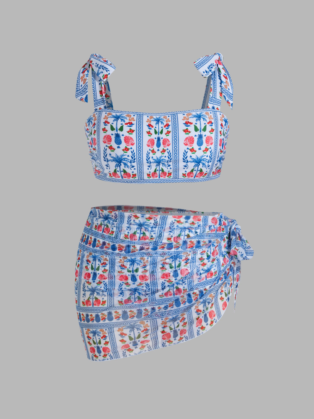 Square Neck Floral Knotted Bracelet Full Coverage Bikini Swimsuit With Sarong Curve & Plus