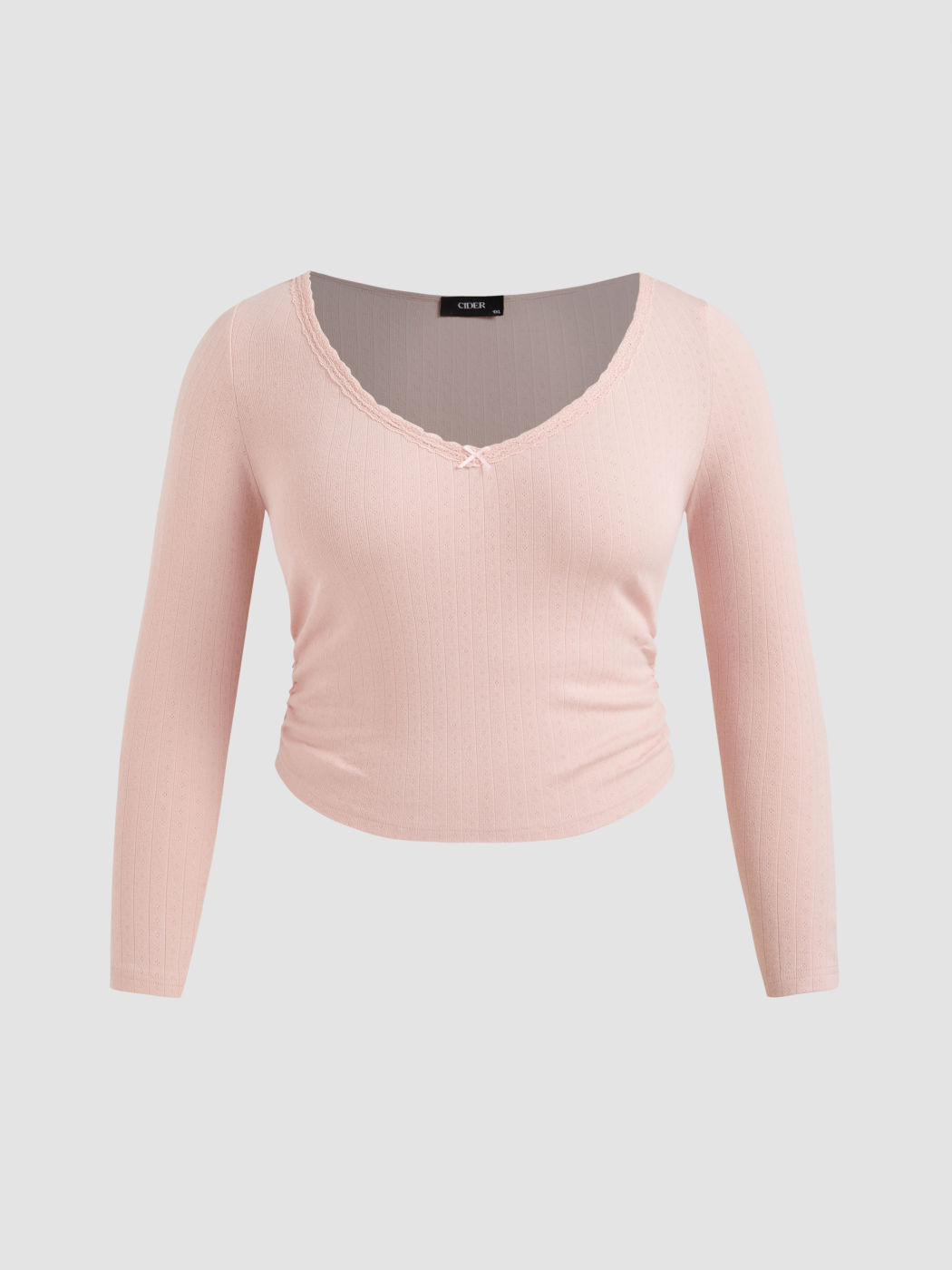 100% Cotton V-neck Lace Trim Bowknot Ruched Long Sleeve Tee Curve & Plus
