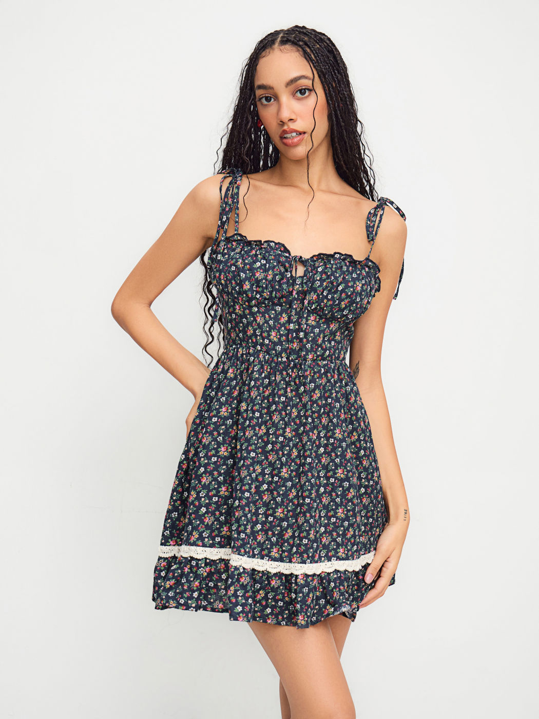 100% Cotton Sweetheart Floral Knotted Tiered Mini Dress