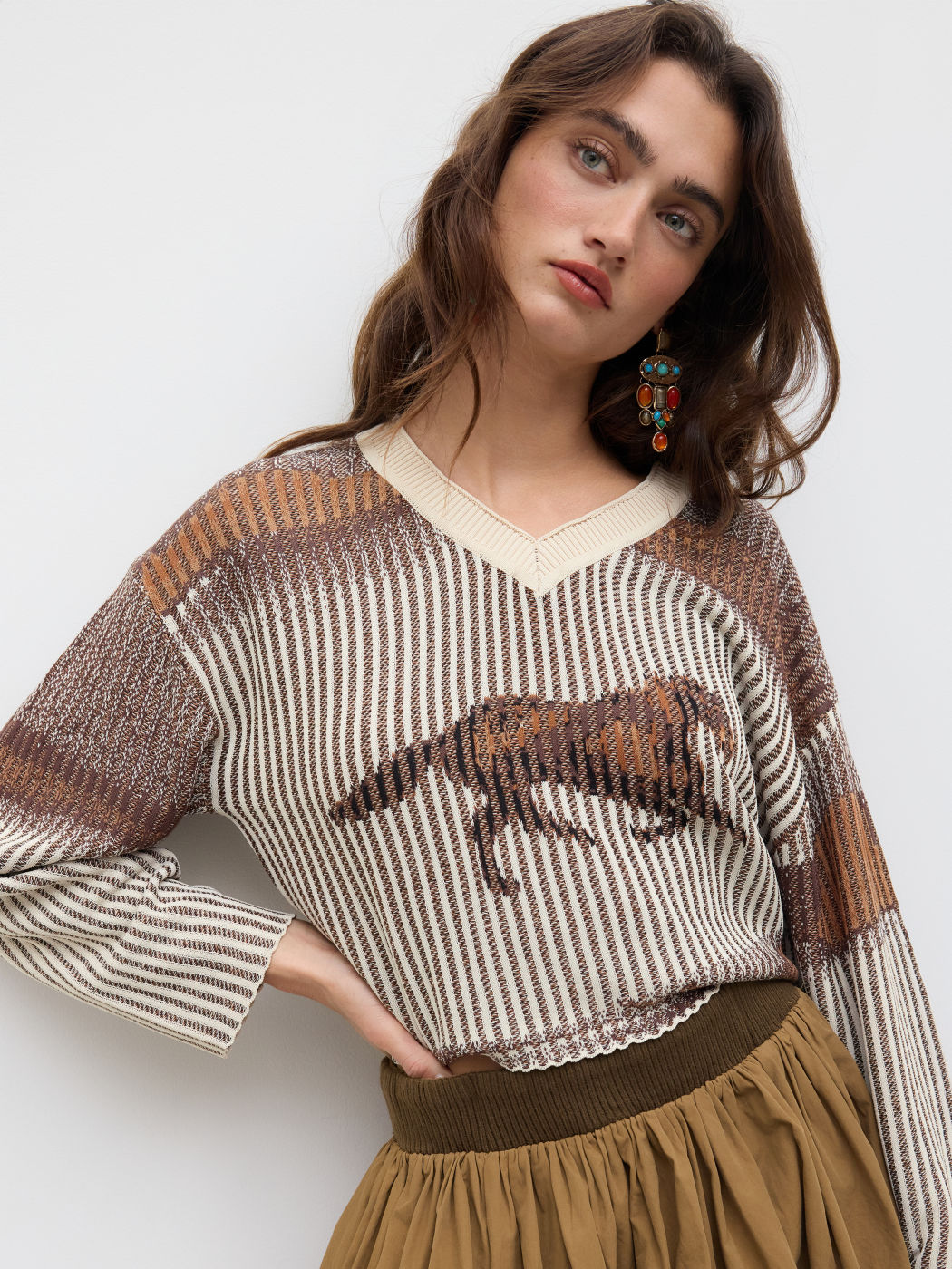 Knitted V-neck Horse Stripe Long Sleeve Top
