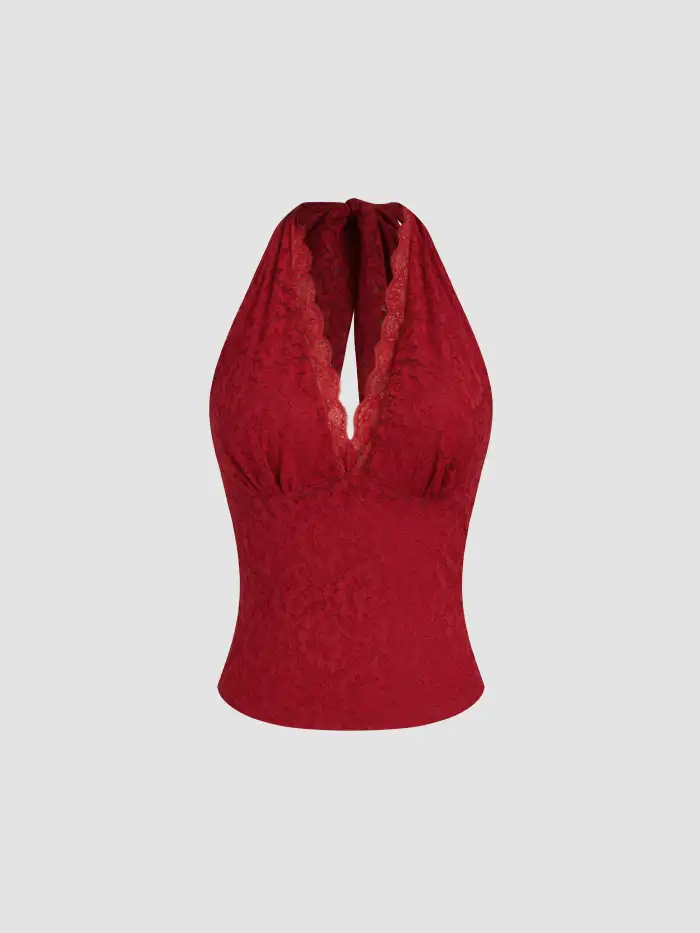 Lace Halter Neckline Knotted Tank Top