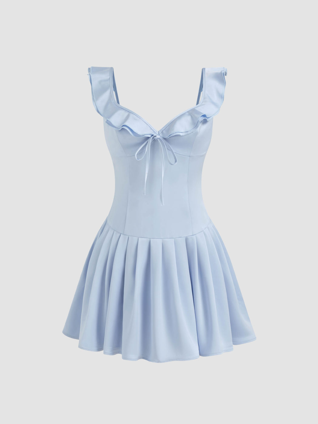 Satin Sweetheart Ruffle Hem Knotted Mini Dress