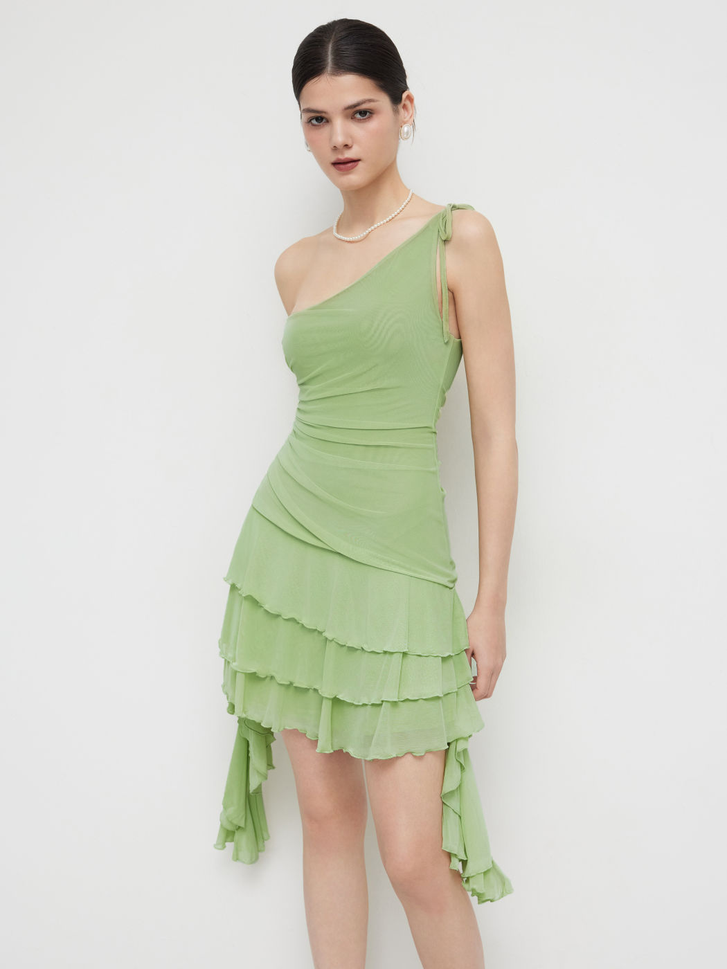 Mesh Asymmetrical Neck Solid Layered Ruffle Hem Mini Dress