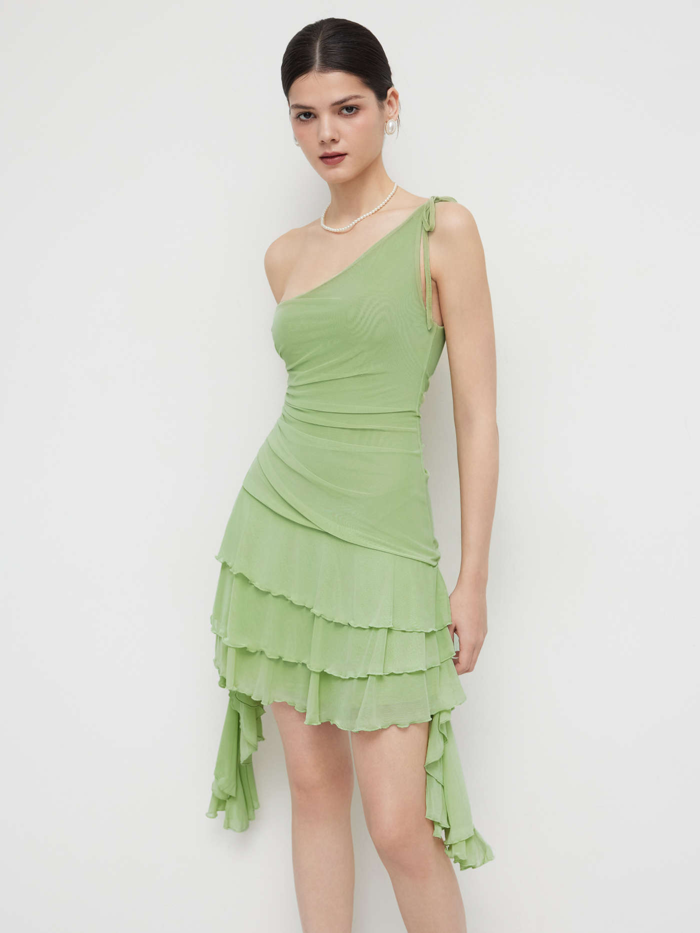 Mesh Asymmetrical Neck Solid Layered Ruffle Hem Mini Dress