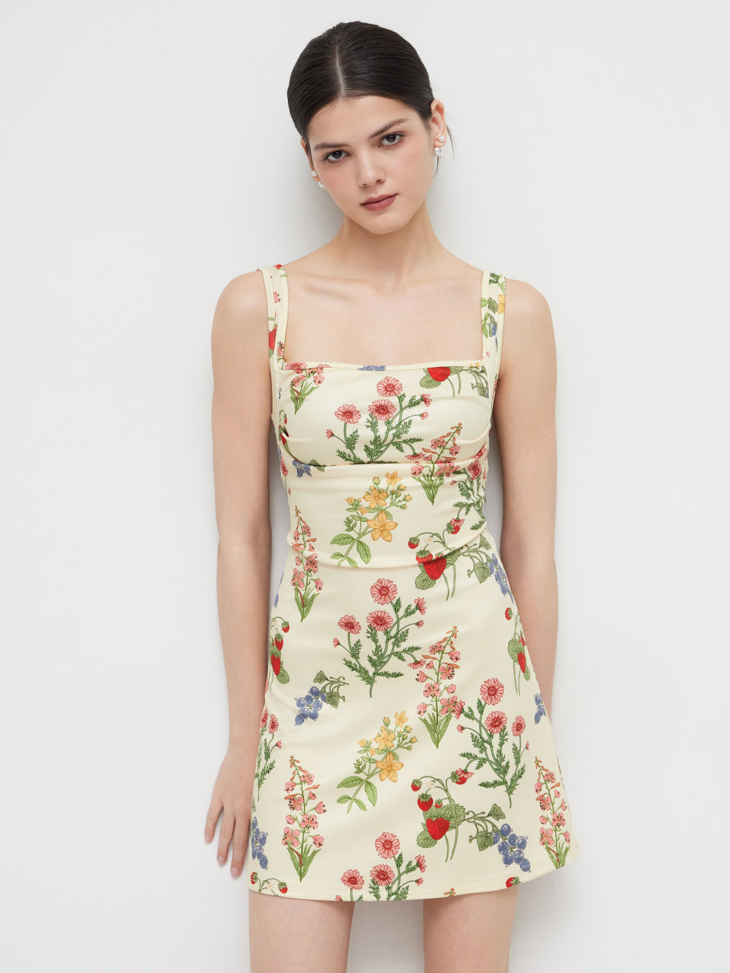 Square Neck Floral & Fruit Graphic Mini Dress