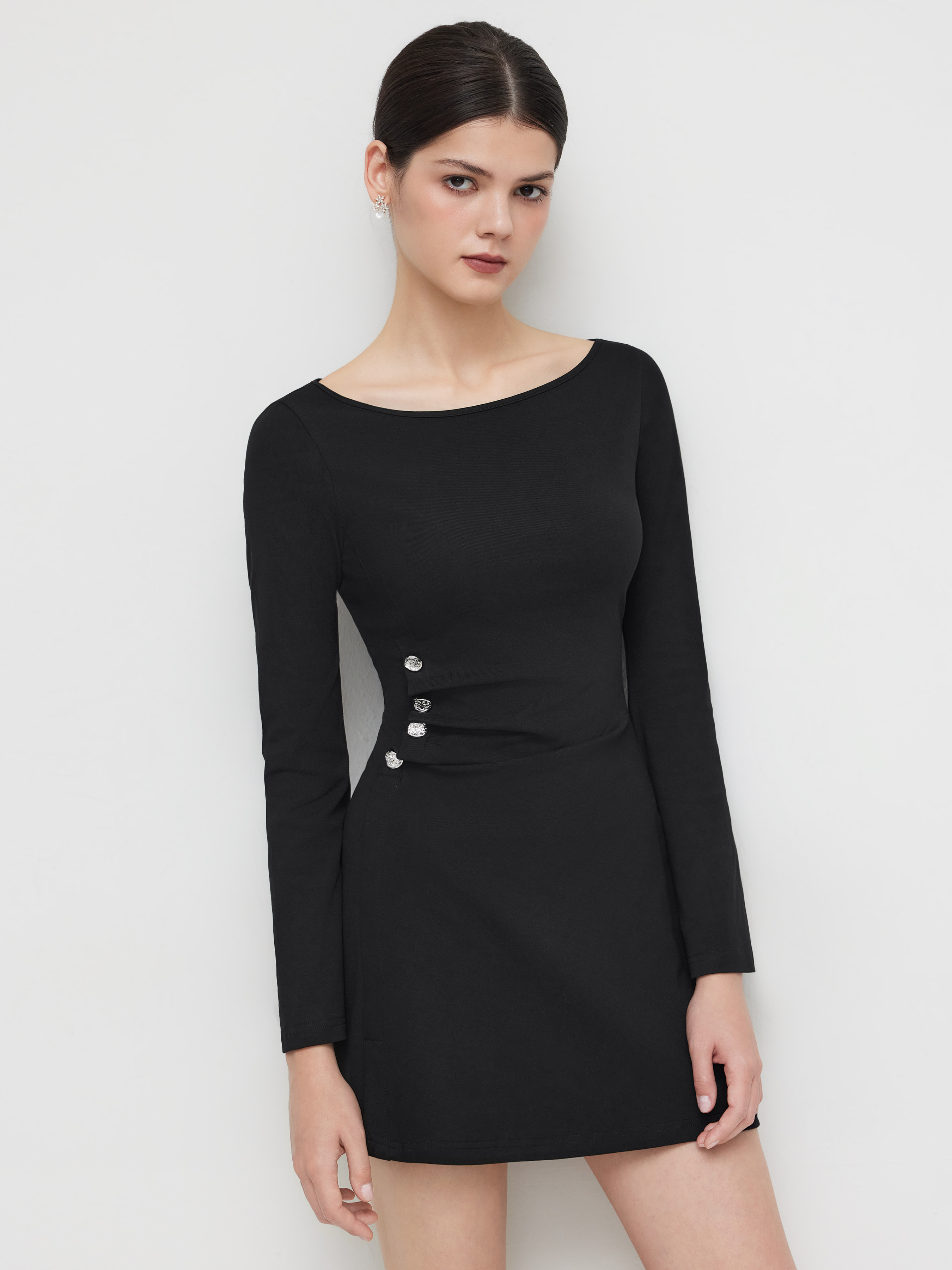 Jersey Boat Neck Ruched Split Long Sleeve Mini Dress For Daily Casual