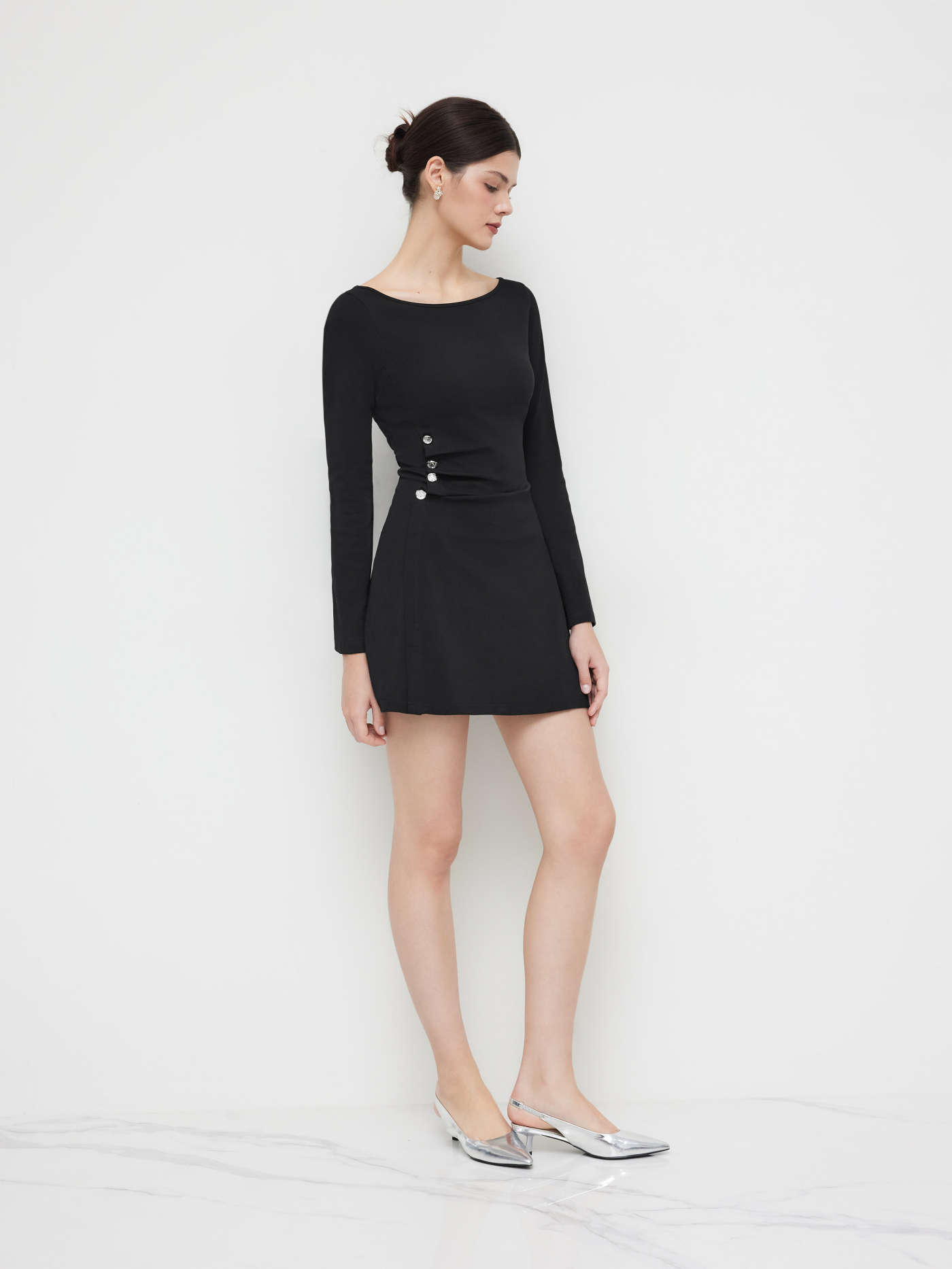 Boat Neck Ruched Split Long Sleeve Mini Dress