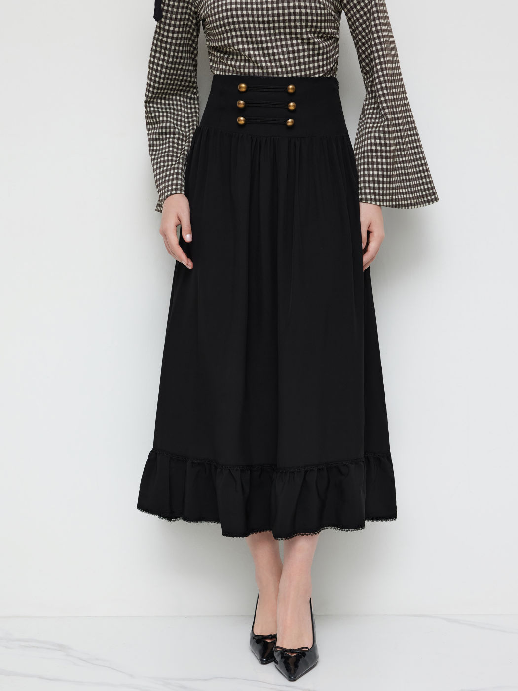 Mid Rise Solid Button Lace Up Ruffle Maxi Skirt