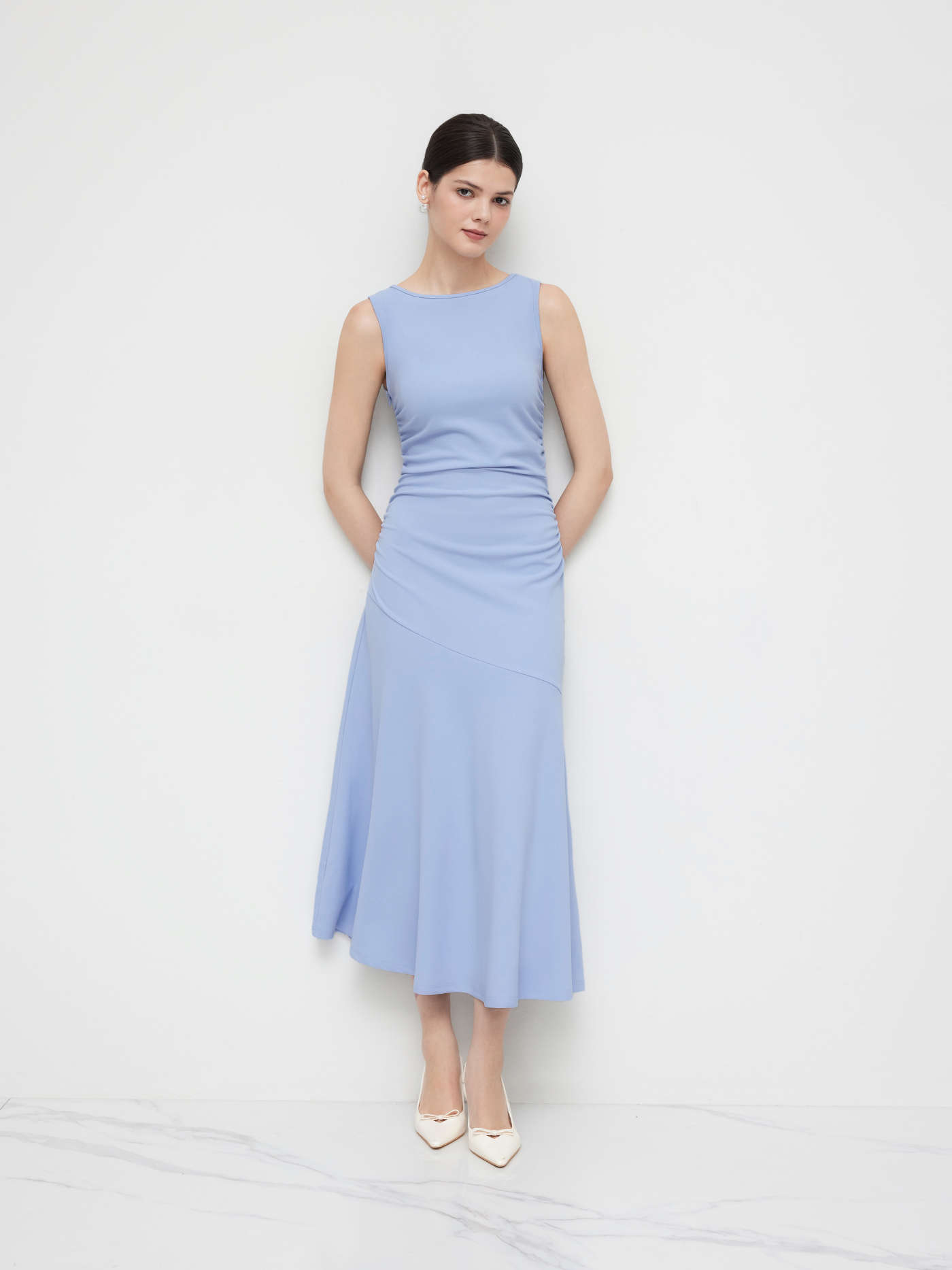 Boat Neck Solid Ruffle Ruched Maxi Dress