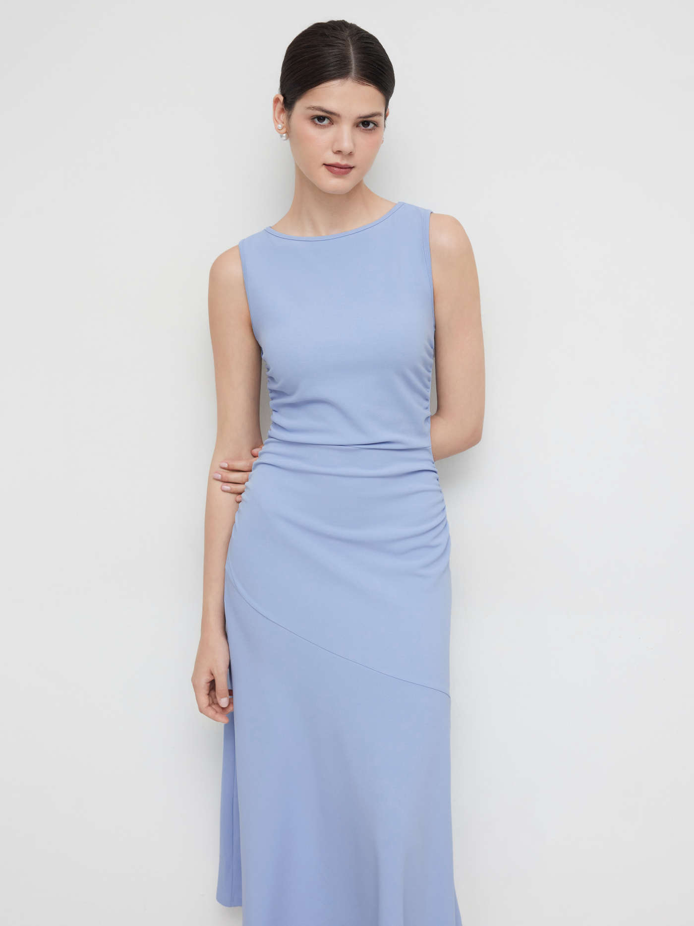 Boat Neck Solid Ruffle Ruched Maxi Dress