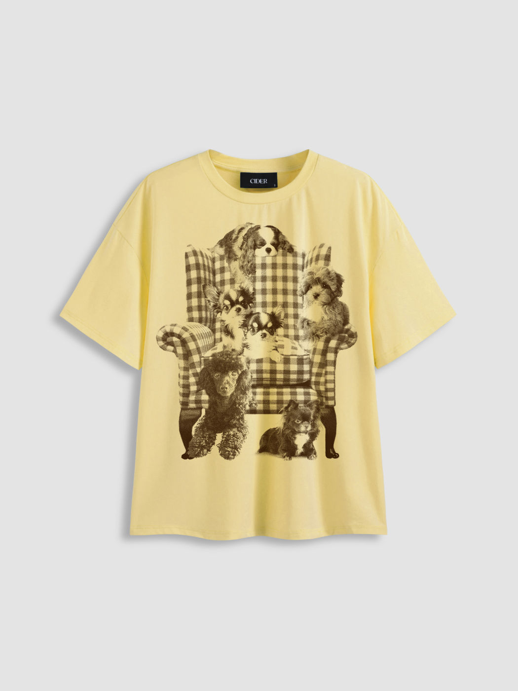 Gingham Sofa Dog Grafik Oversized T-Shirt
