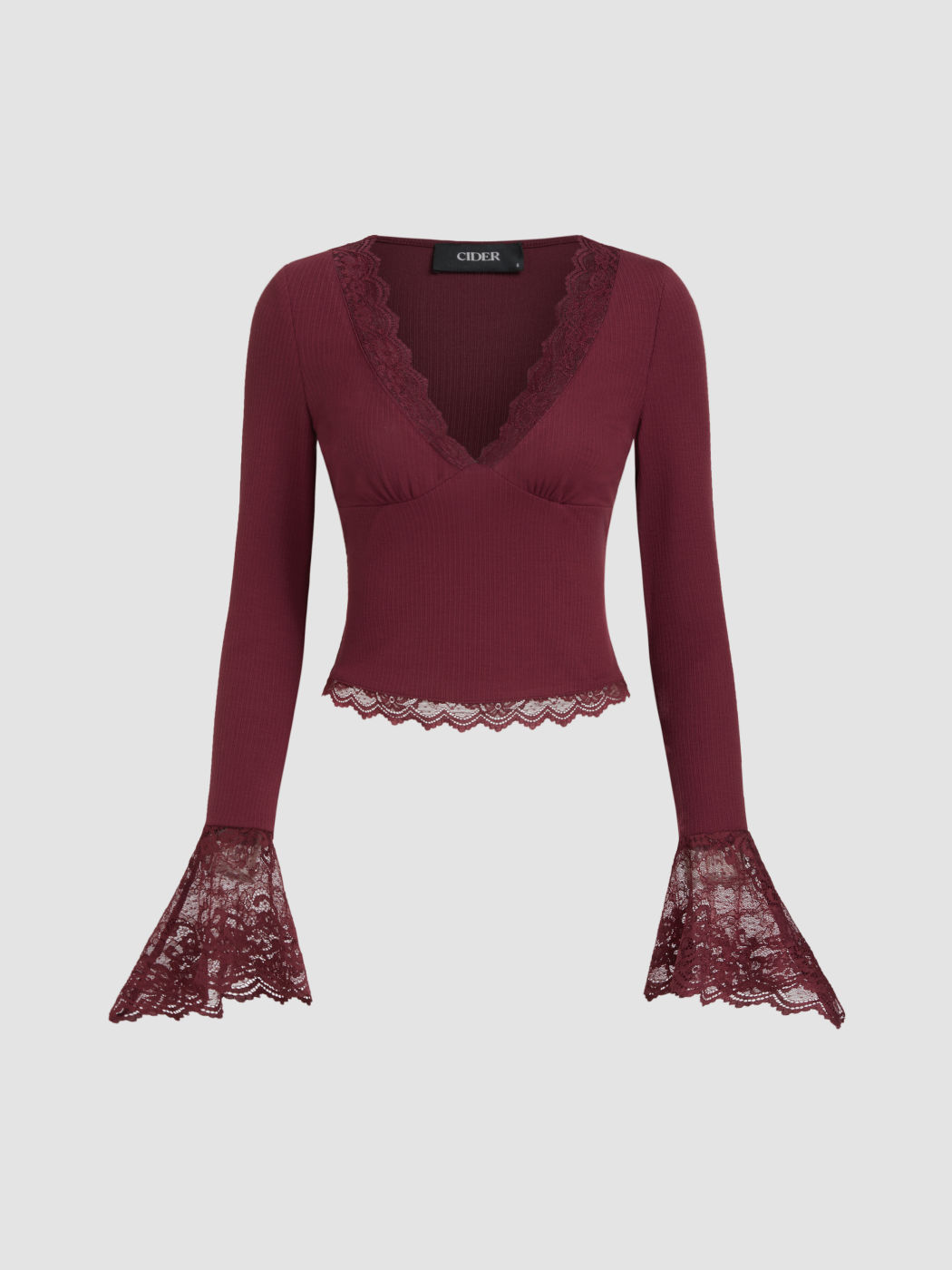 V-neck Lace Trim Bell Sleeve Top