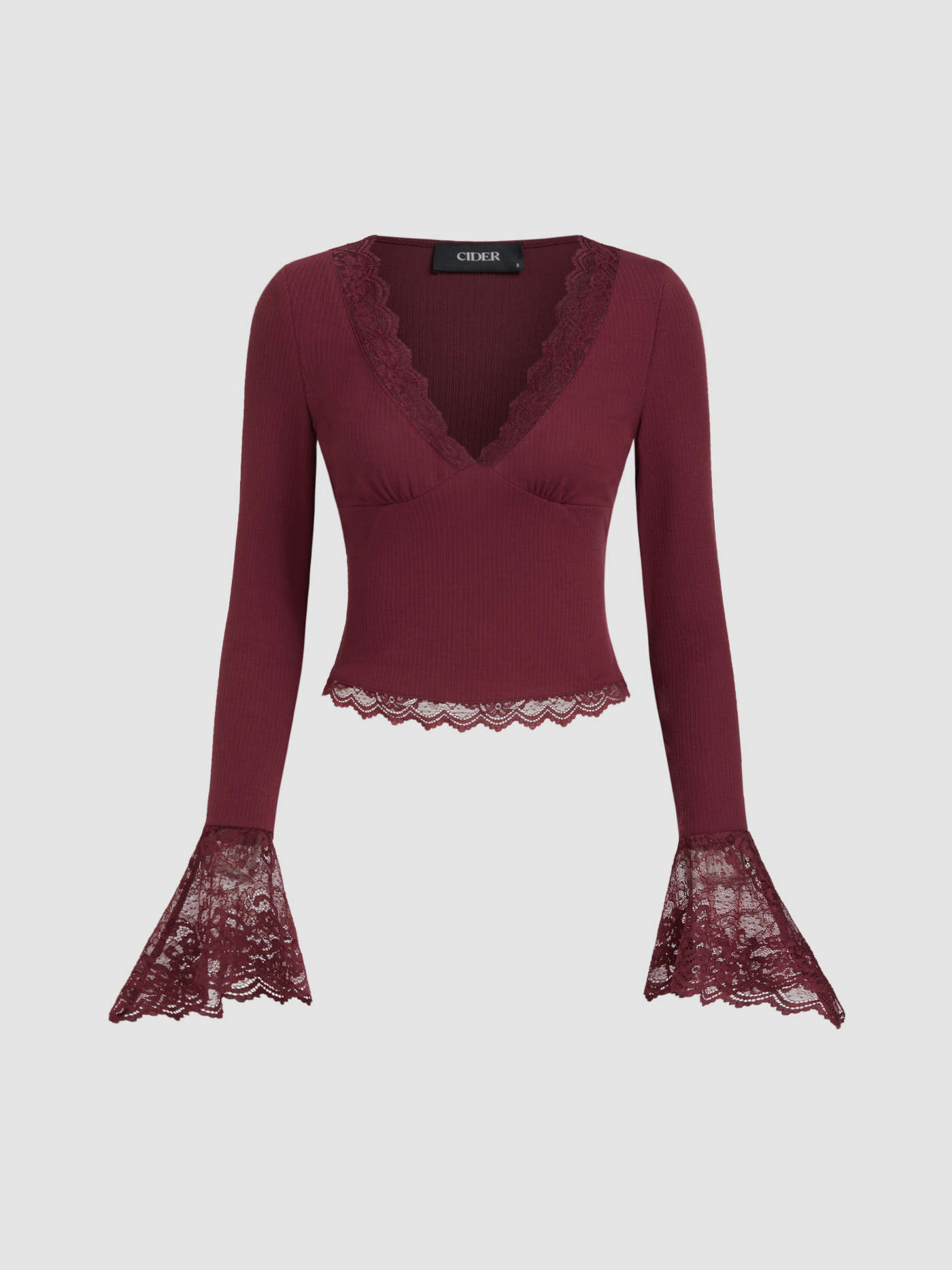 V-neck Lace Trim Bell Sleeve Top