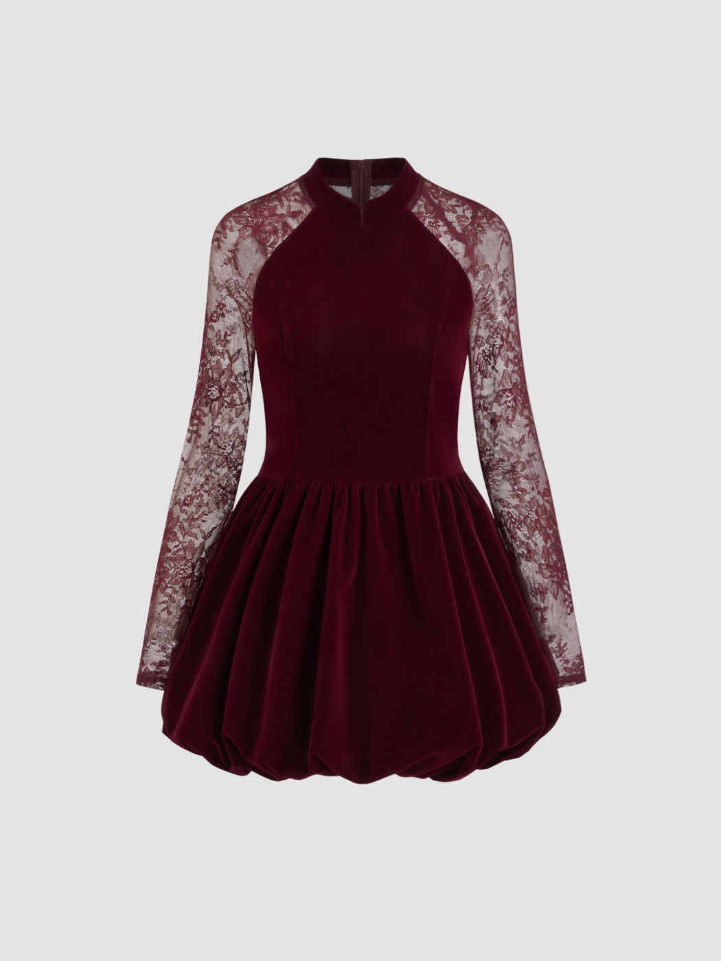 Vestido Mini de Encaje con Cuello Mandarín y Faldón Burbuja de Terciopelo