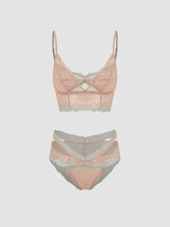 Mesh Two Tone Wireless Lingerie With Cut Out Brief Set