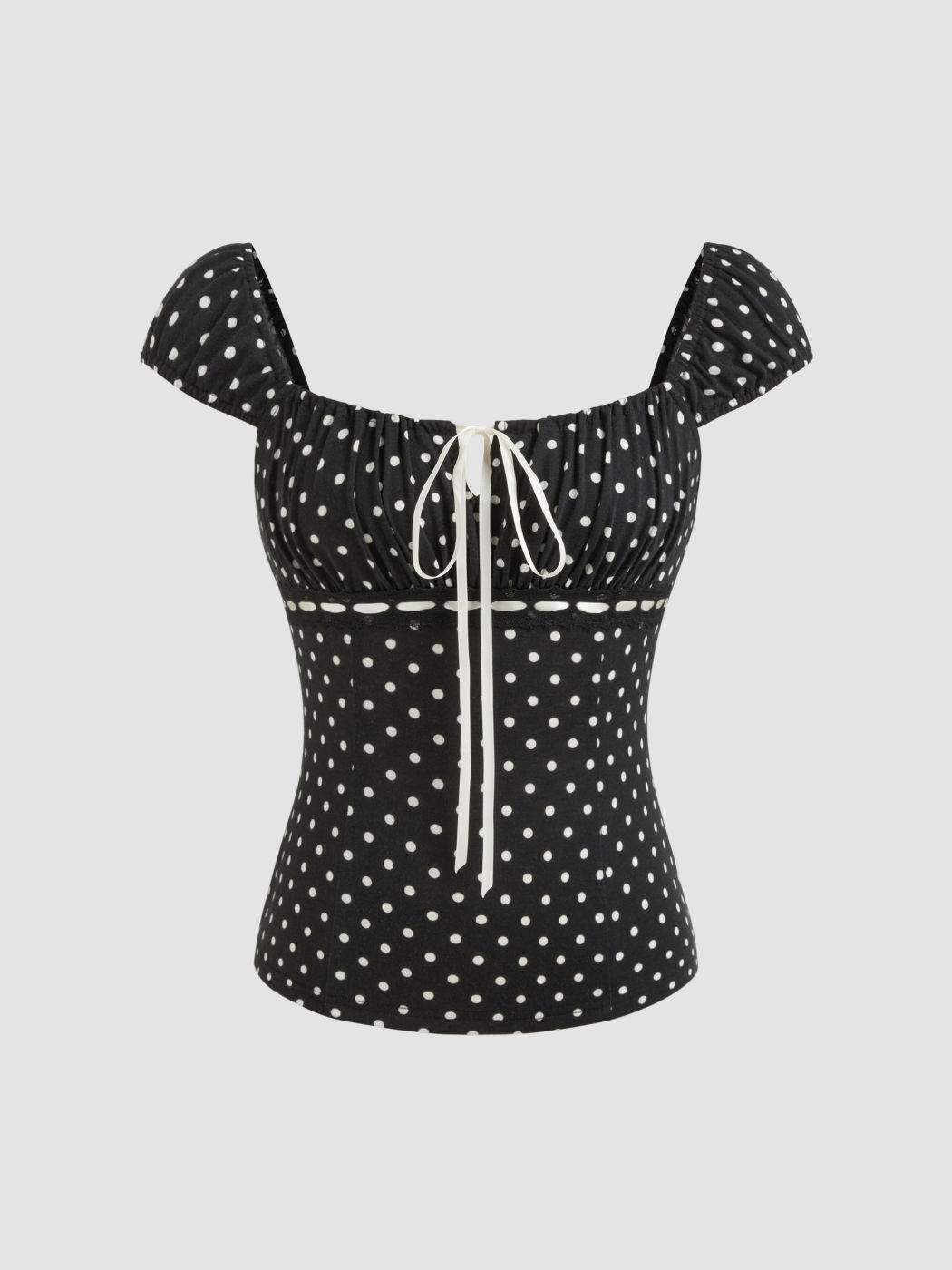 Square Neck Polka Dot Knotted Short Sleeve Top