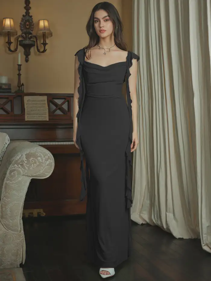 Wedding Guest Dress Mesh Mesh Ruffle Hem Maxi Dress For Vacation