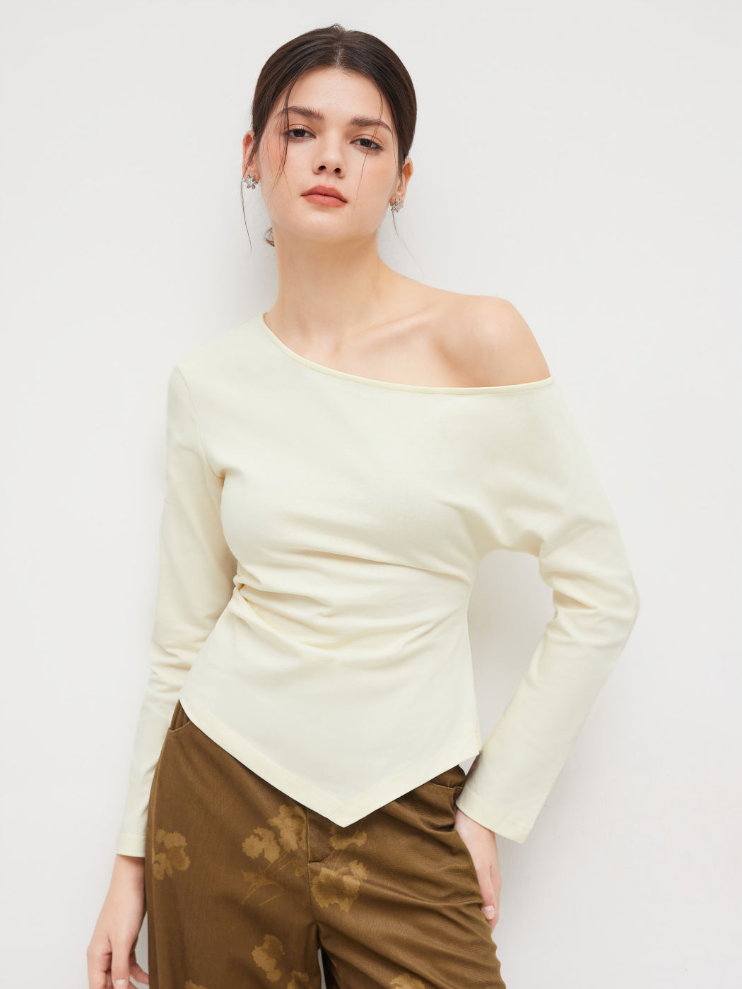 100% Cotton Asymmetrical Neck Ruched Tee