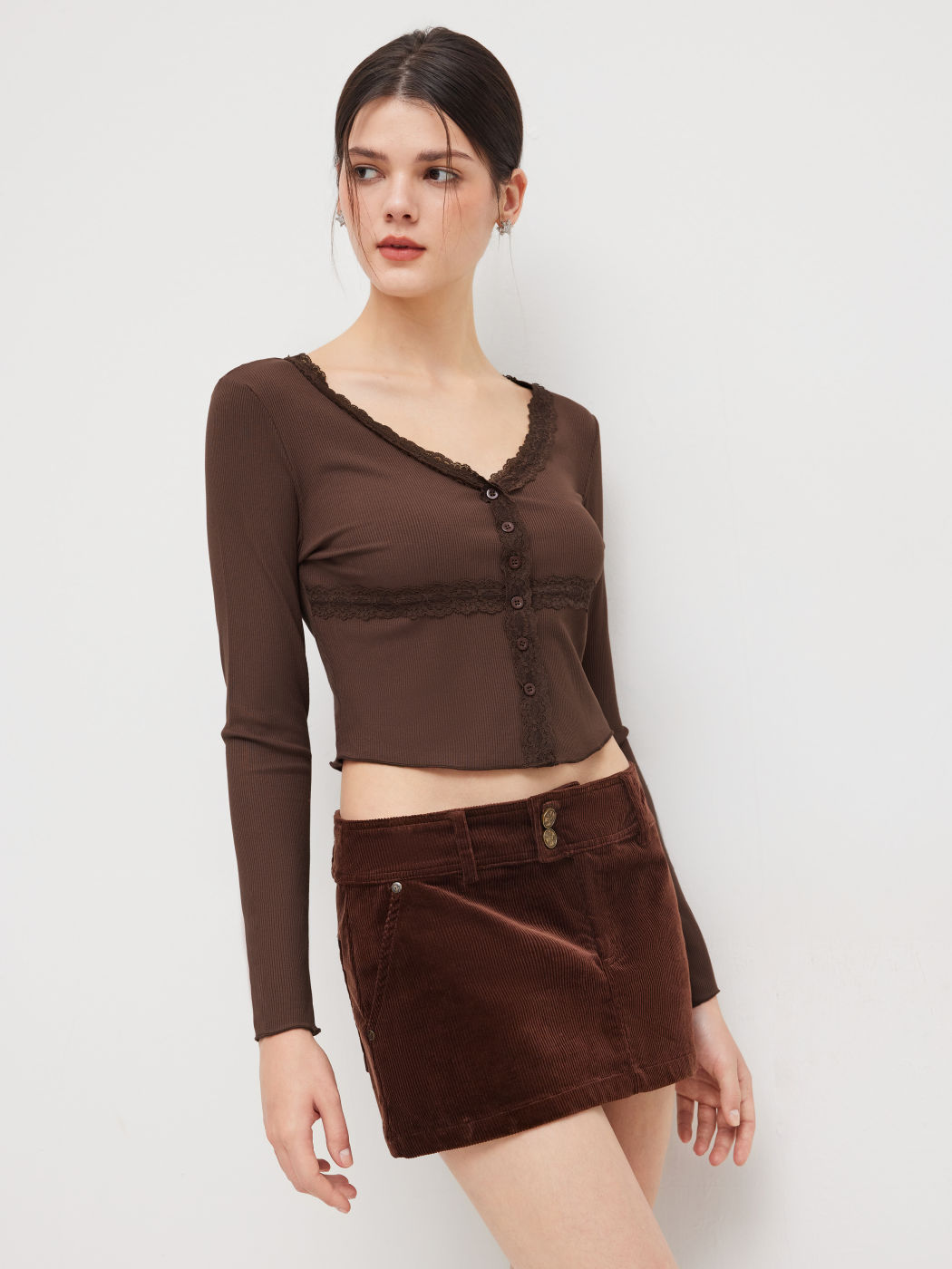 V-Ausschnitt Spitzebesatz Crop Top