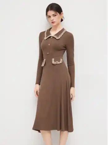 Kragen Zopfbindung Tasche Midikleid