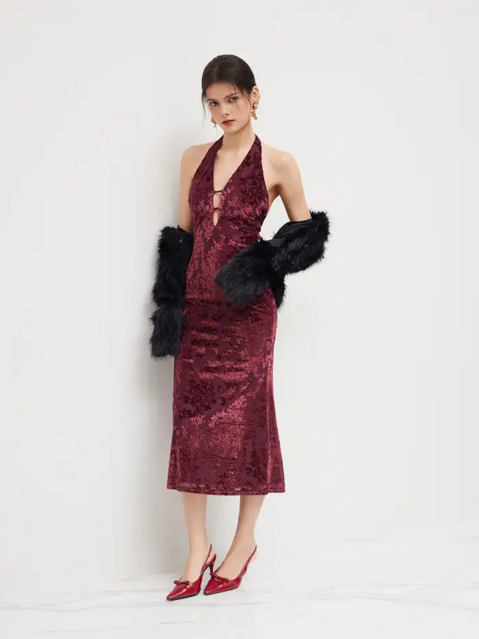 Velvet Velvet V-neck Floral Cut Out Knotted Backless Maxi Dress For  Party/Clubbing