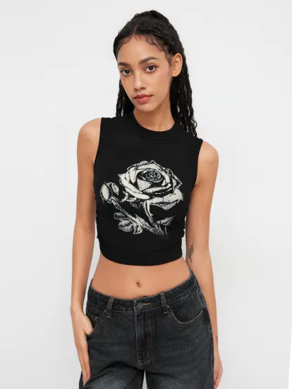 Halter Neckline Floral Asymmetrical Hem Top