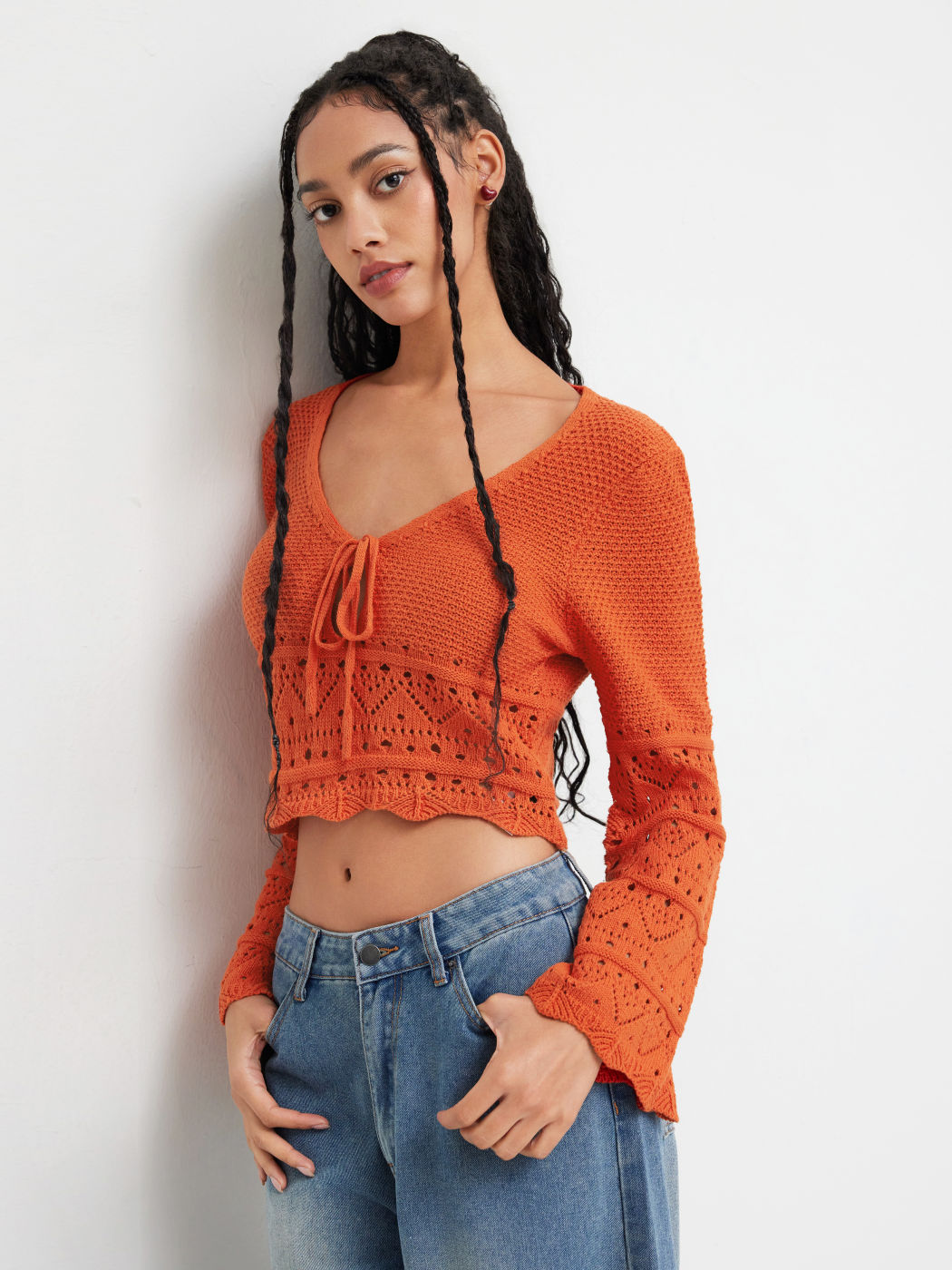 Knit V-neck Solid Knotted Wave Trim Long Sleeve Top