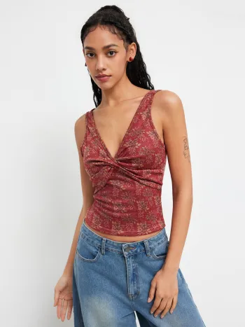 Jersey V-Ausschnitt Blumen-Twist Crop Top