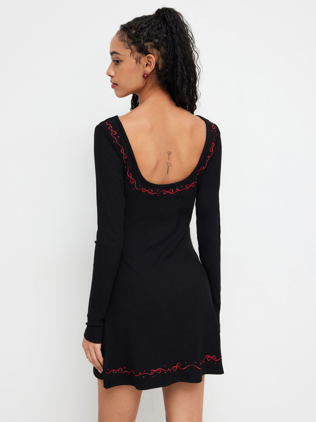 Cotton-blend Bowknot Embroidery Mini Dress