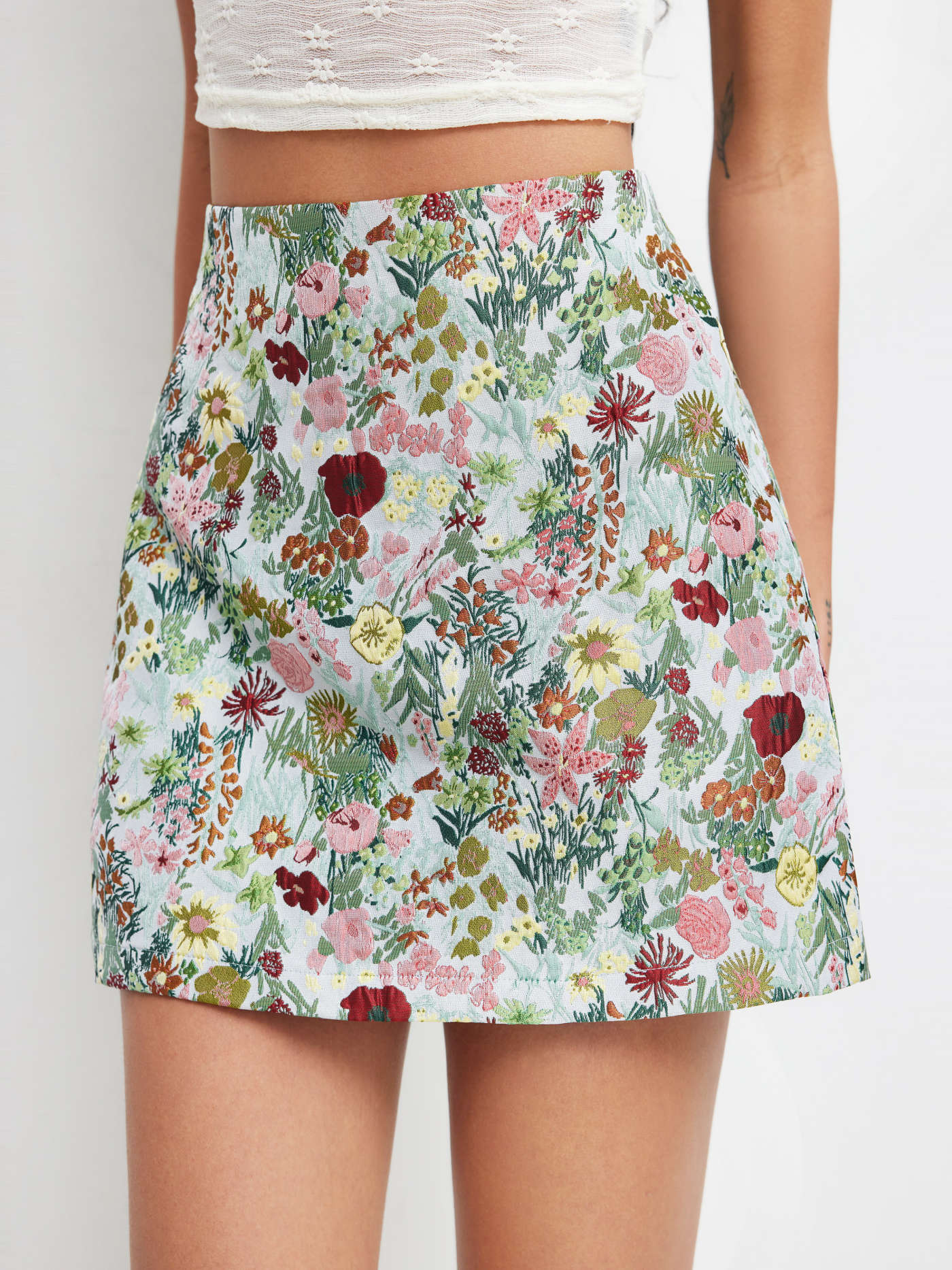 Jacquard Mid Rise Floral Zipper Mini Skirt