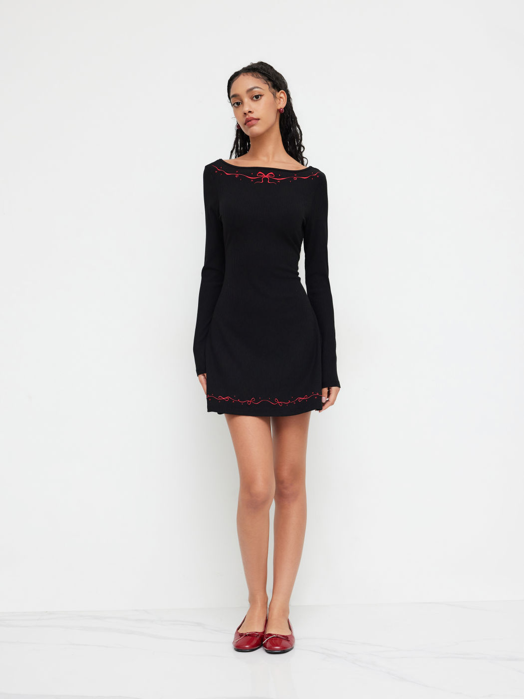 Cotton-blend Bowknot Embroidery Mini Dress