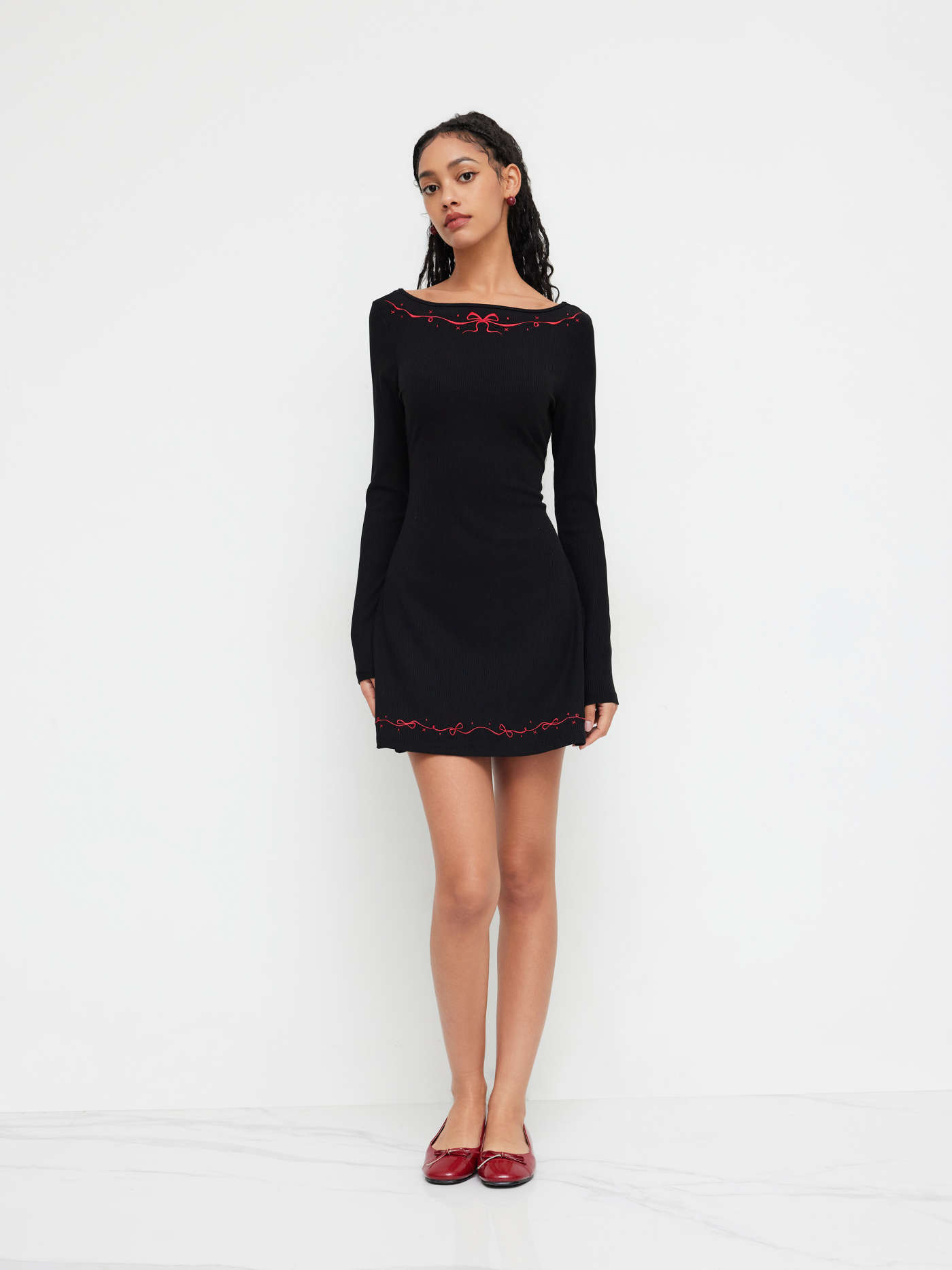 Cotton-blend Bowknot Embroidery Mini Dress