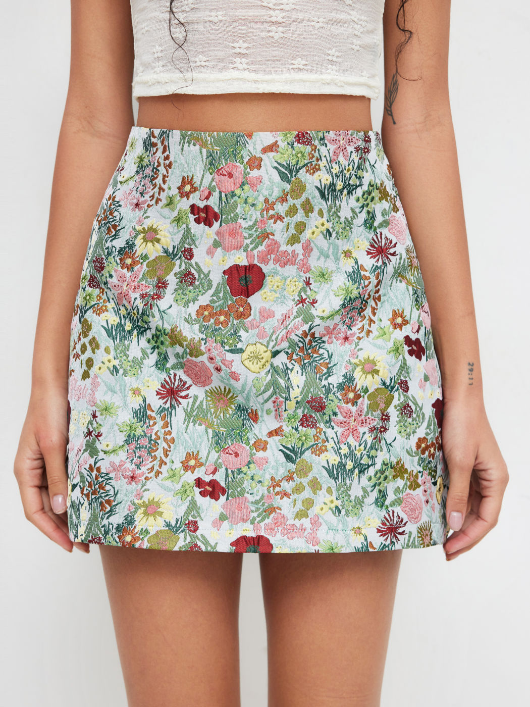 Jacquard-Mini-Skirt mit floralem Muster und Reißverschluss, Mittelhöhe