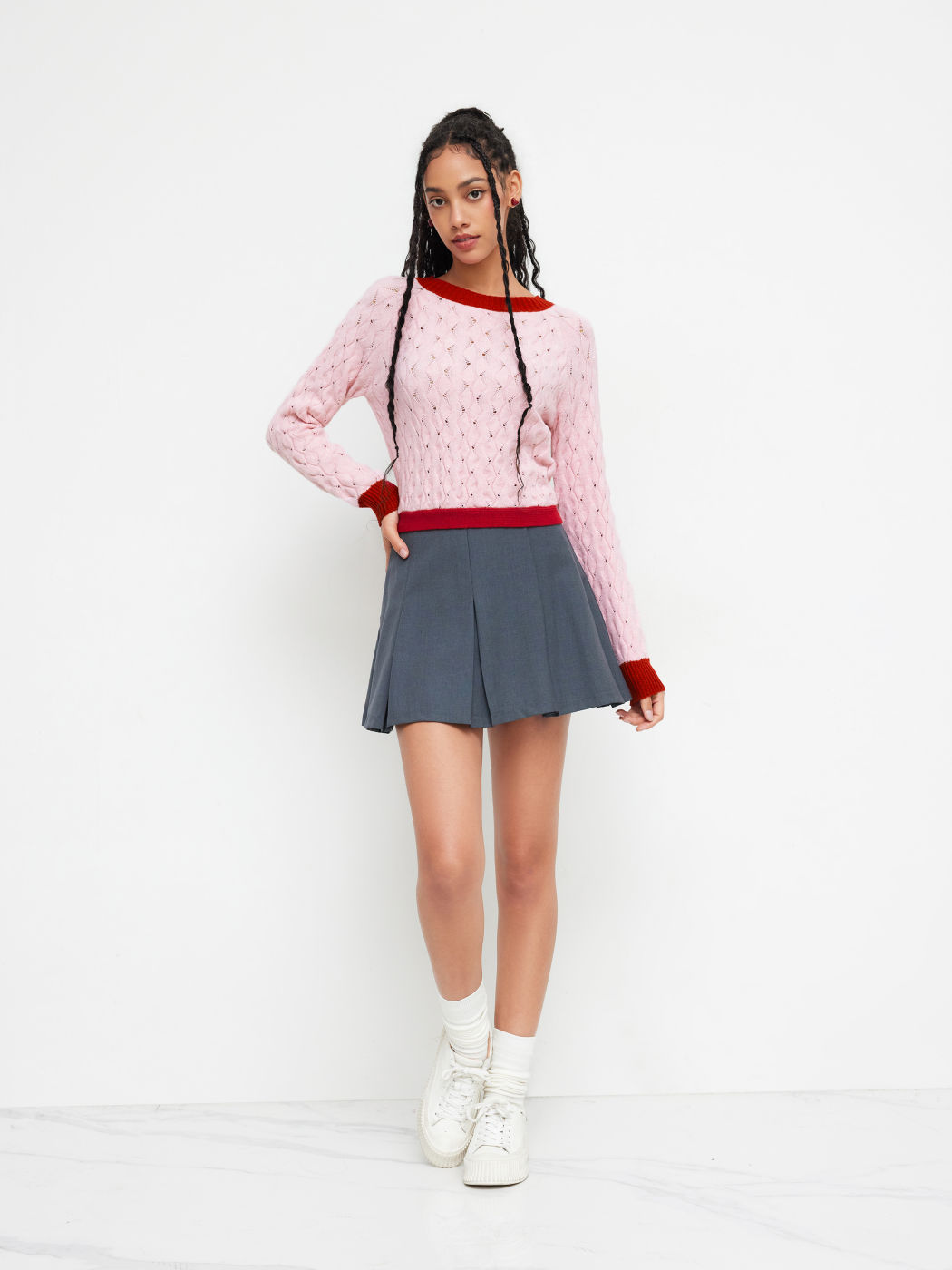 Wool-blend Contrasting Binding Tie Back Hollow Out Sweater