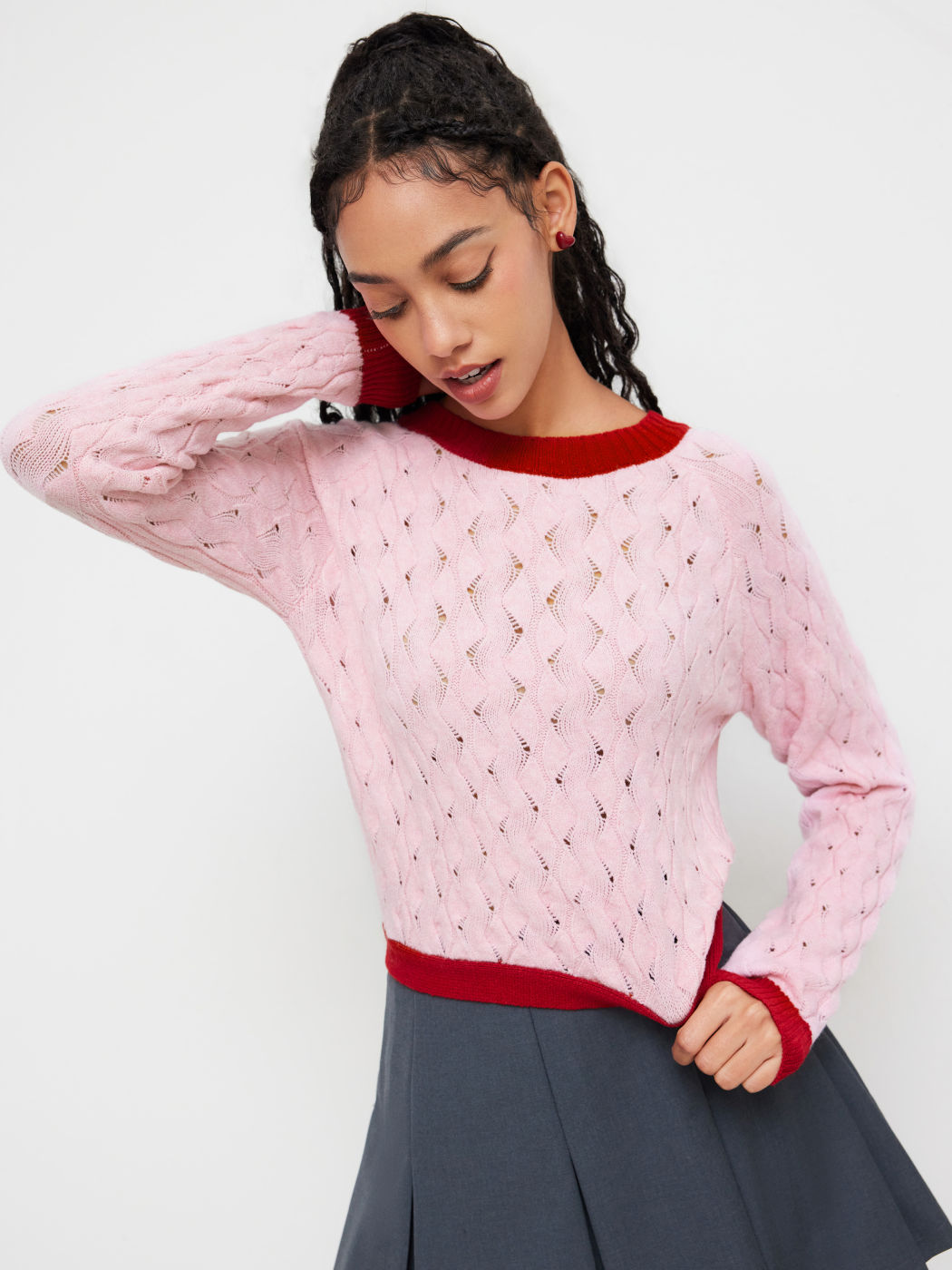 Wool-blend Contrasting Binding Tie Back Hollow Out Sweater