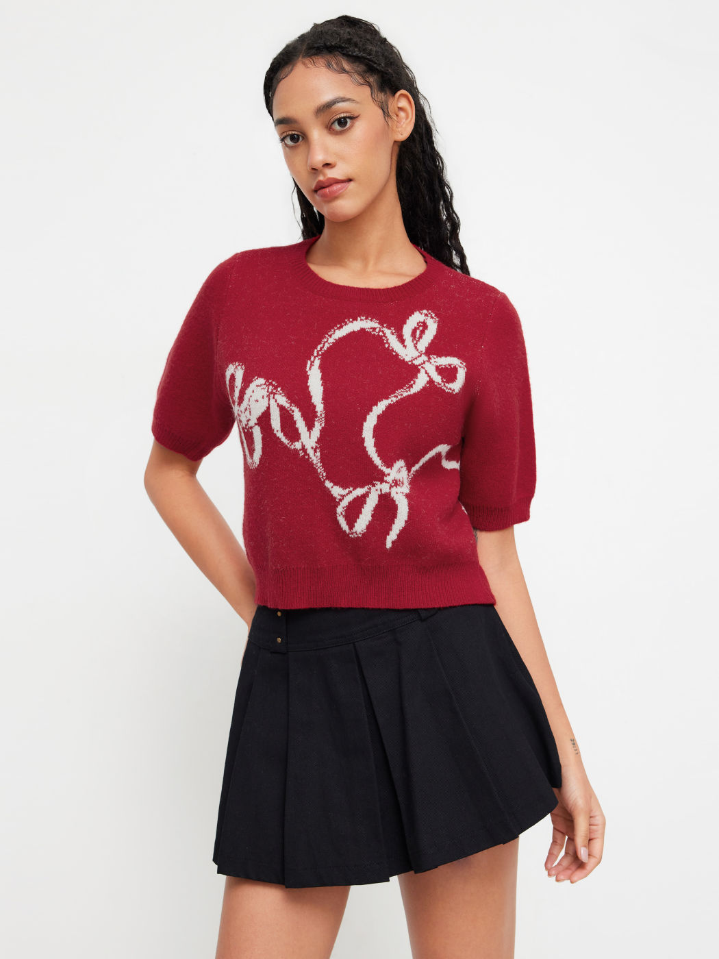 Knit Bowknot Oversized Short Sleeve Top
