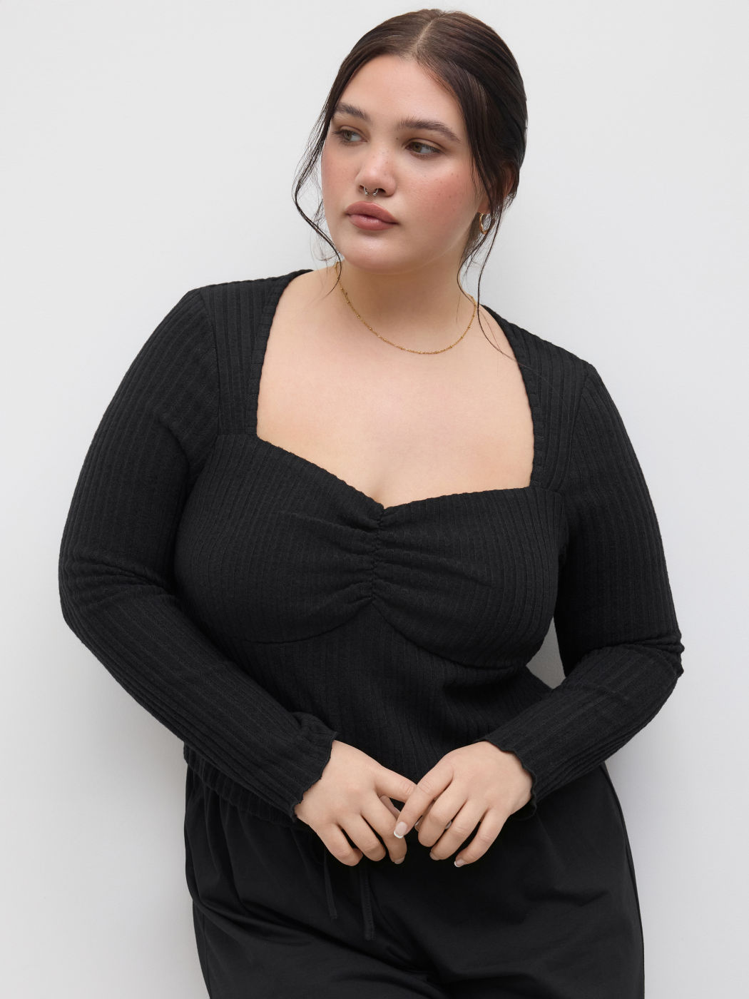Sweetheart Neckline Solid Long Sleeve Top Curve & Plus