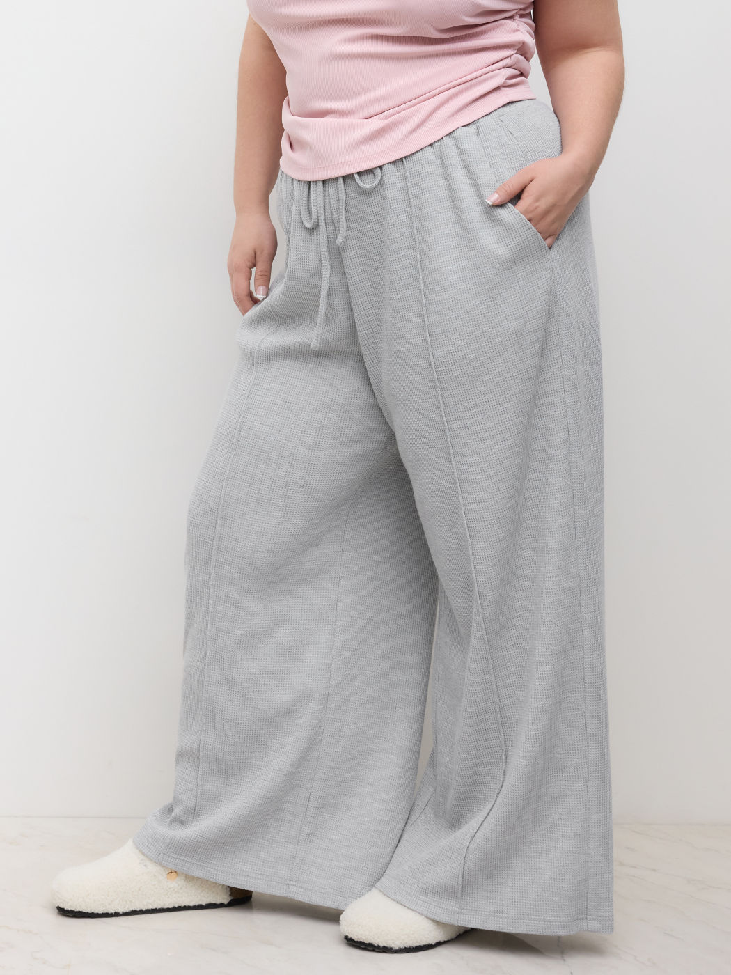 Baumwollmix Mid Rise Elastische Taille Weite Hosen Kurve & Plus