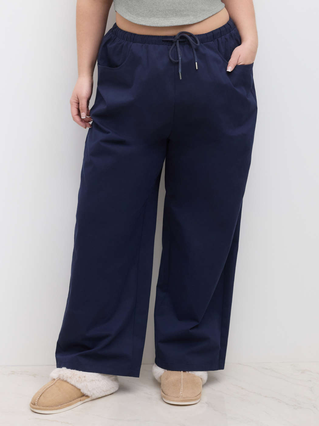 Woven 100% Cotton Mid Rise Drawstring Pocket Straight Leg