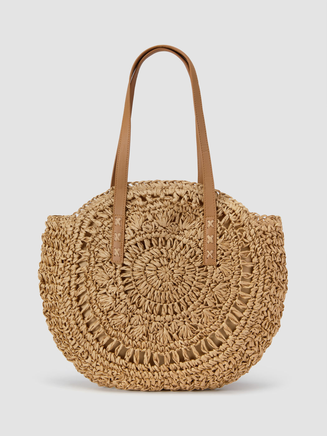 ROUND STRAW & FAUX LEATHER TOTE BAG 